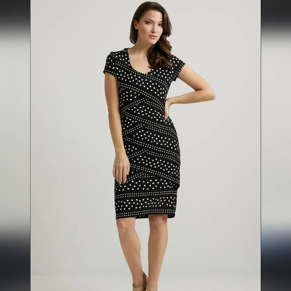 Joseph Ribkoff Black and White Dotted Midi Dress Size 6 NWT
